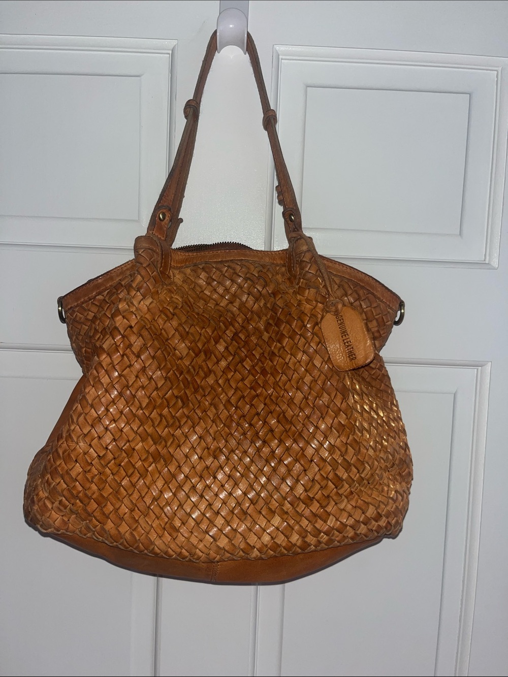 Woven Leather Tote Bag in Cognac Brown